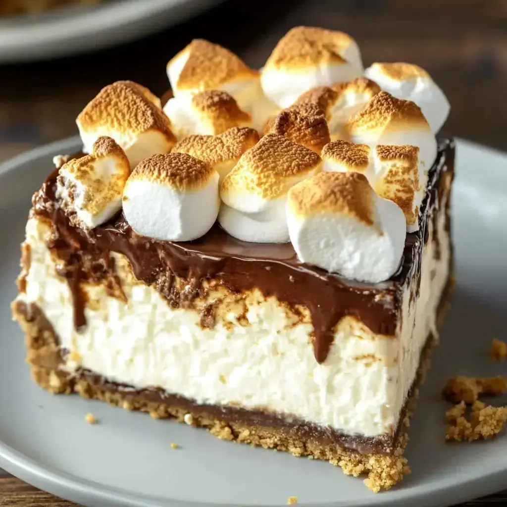 Chunky slice of cheesecake packed with chocolate and marshmallow, finished with golden-topped mallows and crumbly base on a plate.
