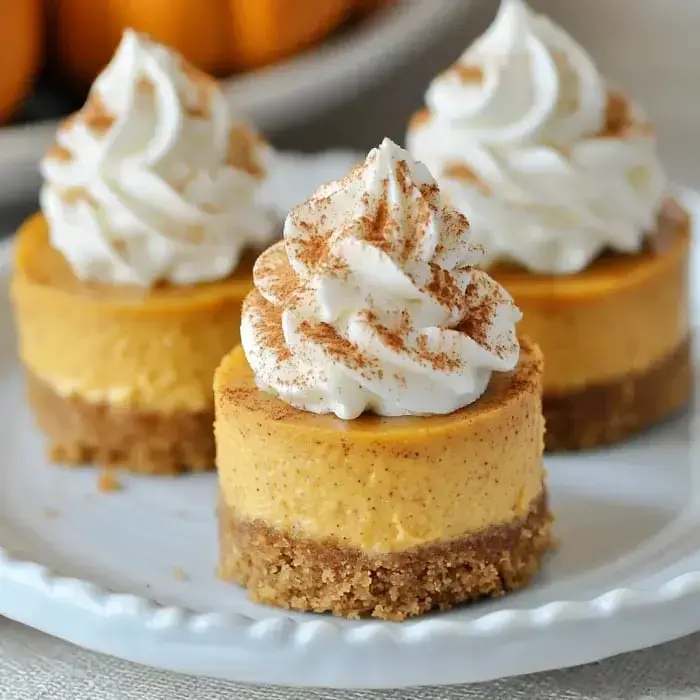 Three mini cakes with pumpkin flavor, fluffy cream, and a dusting of cinnamon cozy on a plate.