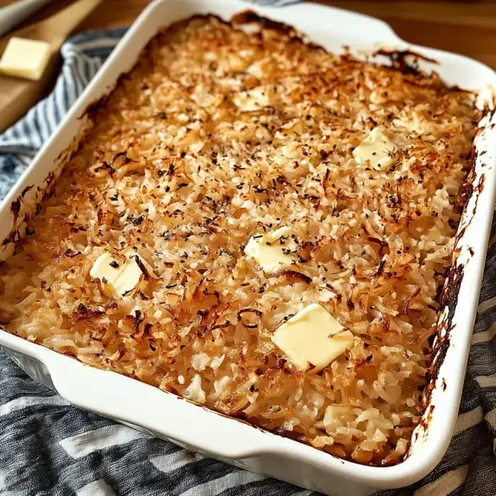 A baked dish with crispy golden-brown top, butter pats scattered across, sitting in a white casserole on a striped kitchen towel.