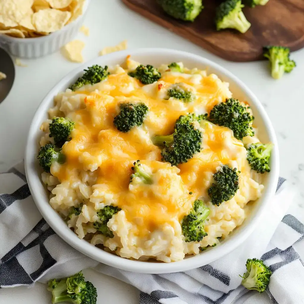 A dish of creamy broccoli and rice with melted cheese on top, decorated with fresh green broccoli pieces.