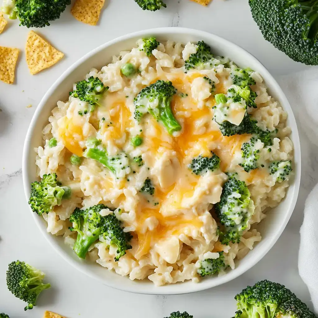 A serving of velvety rice combined with broccoli, peas, and melty cheese, with tortilla chips and fresh broccoli pieces scattered around.
