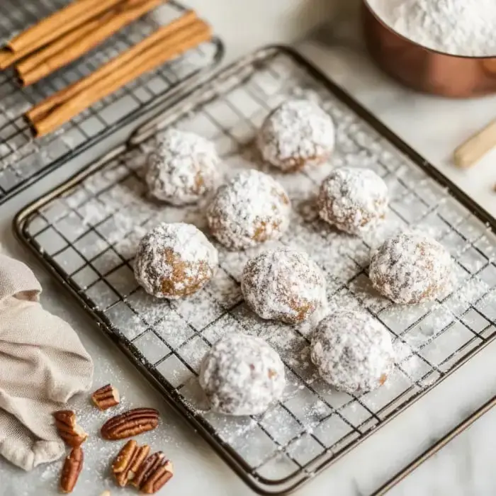 Several sugar-dusted cookies arranged on a wire cooling rack with scattered cinnamon sticks and pecan nuts nearby.