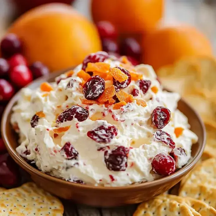 A dish of white creamy spread topped with red cranberries and orange pieces, with crackers and whole oranges placed around it.