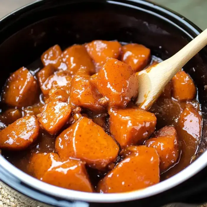 Sweet potato chunks glistening with dark, sticky sauce in a black bowl with a wooden spoon nestled among the pieces.