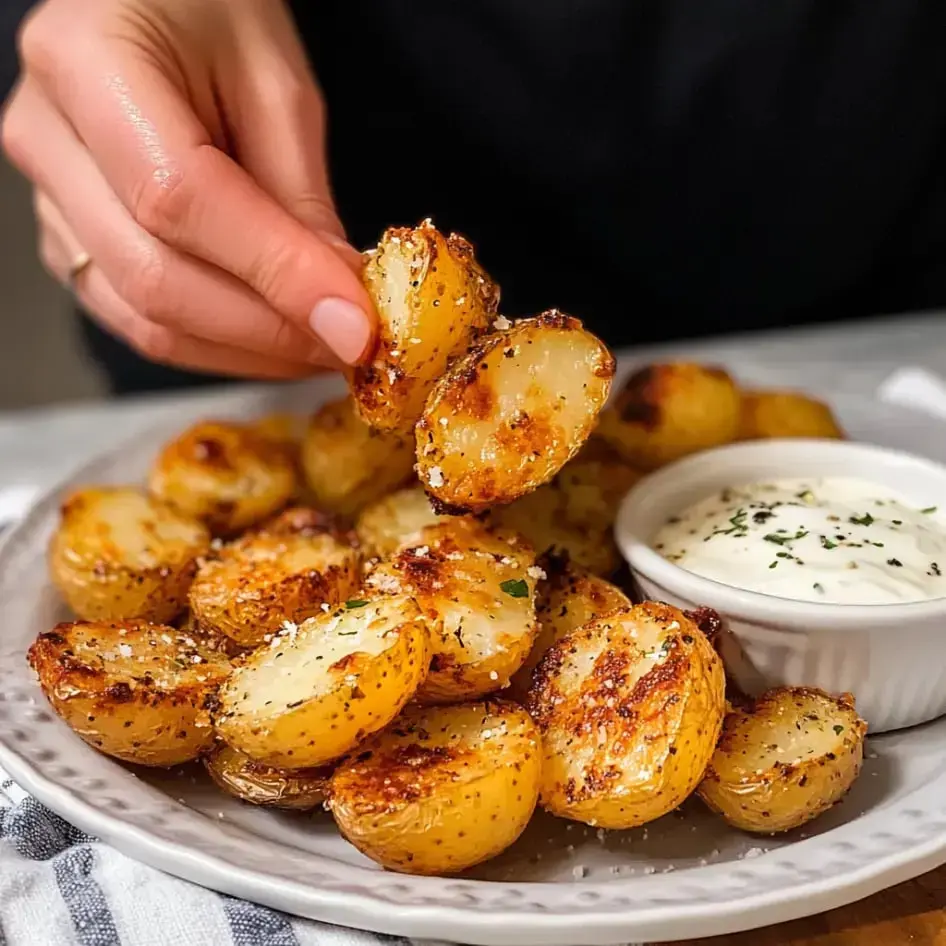 Someone reaching to grab a crunchy, oven-baked potato next to a bowl of creamy dip on a plate.