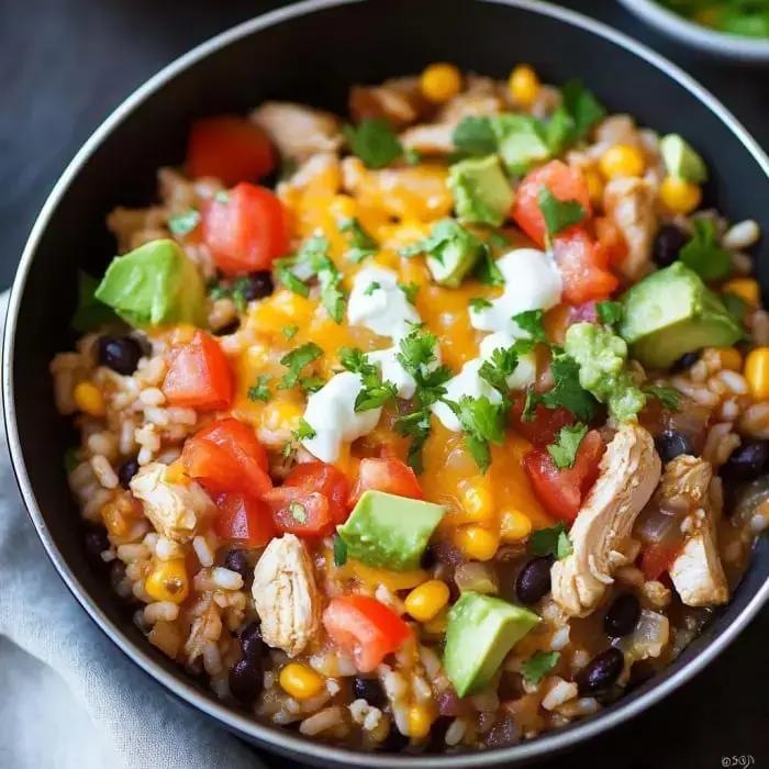 A vibrant bowl filled with rice, pulled chicken, black beans, corn, chopped tomatoes, shredded cheese, sliced avocado, and a dollop of sour cream, topped with fresh cilantro sprigs.