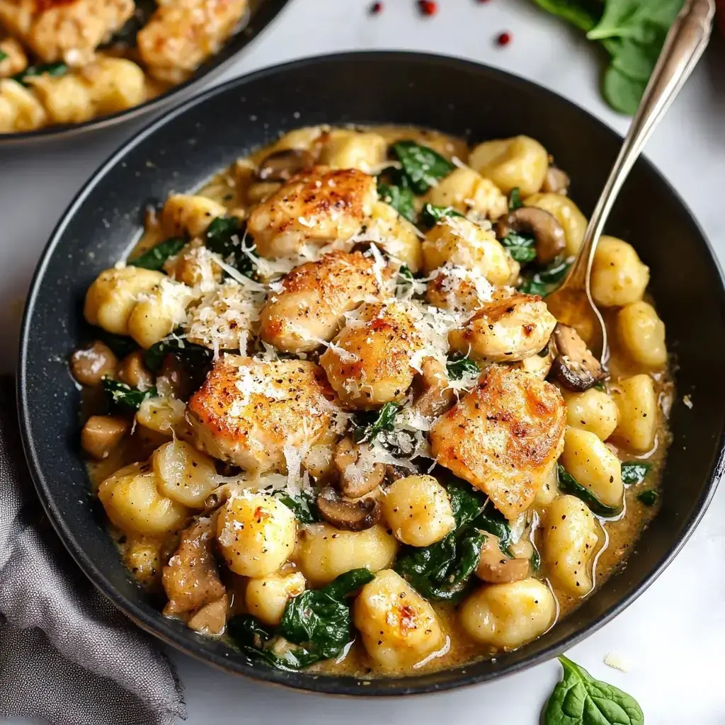 A dish of potato dumplings with tender chicken pieces, wilted greens, and sliced mushrooms, sprinkled with cheese on top.