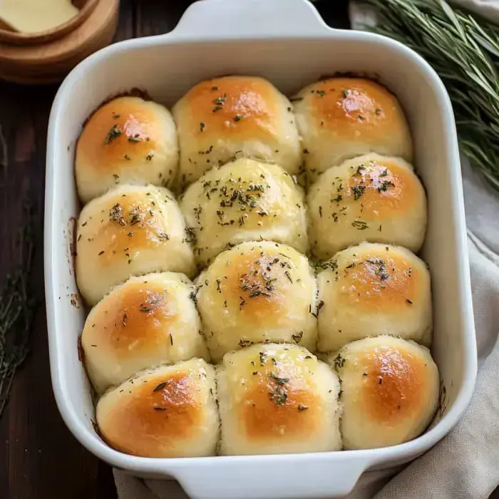 A batch of golden-brown rolls dusted with herbs, neatly arranged in a white baking dish straight from the oven.