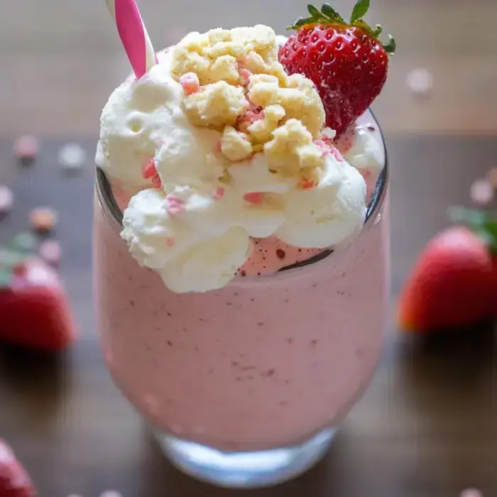 A pink strawberry milkshake topped with whipped cream, crushed cookies, and a fresh strawberry, served with a straw.