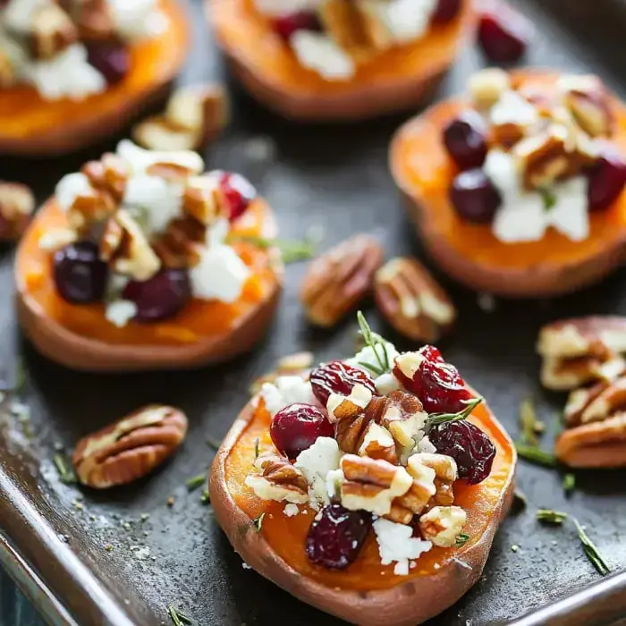 Sweet potato slices topped with goat cheese, cranberries, apple, and pecans on a platter.