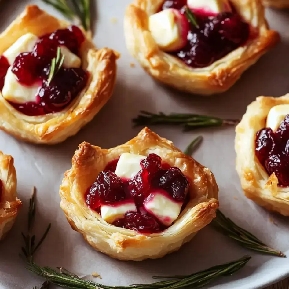 Golden pastry cups loaded with brie and cranberry, rosemary on top, all on a tray.