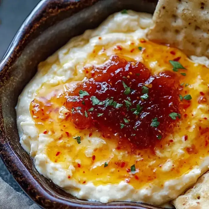 Creamy grits in a bowl with fruity jam on top and a few fresh herbs, crackers on the side.
