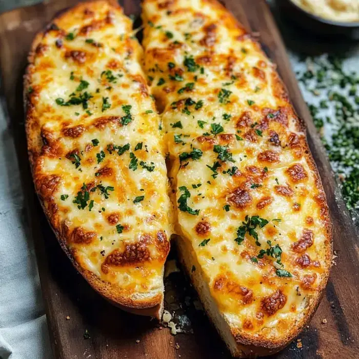 Two cheesy garlic bread halves on a wooden board, loaded with melty cheese and a shower of fresh parsley.