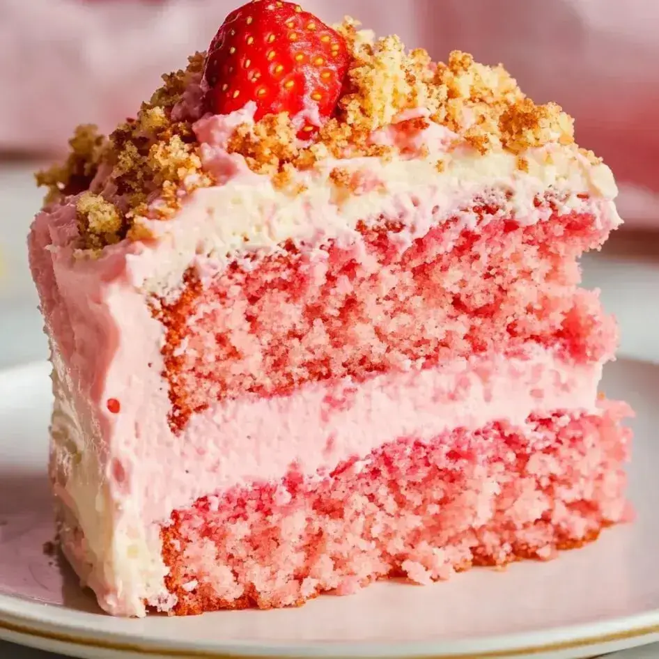 Pink strawberry cake slice with a fresh strawberry and crumbly topping in close view.