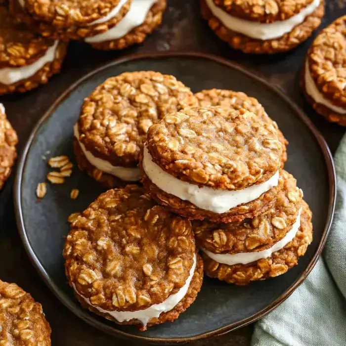 A stack of oatmeal pie cookies with creamy centers piled on a plate.