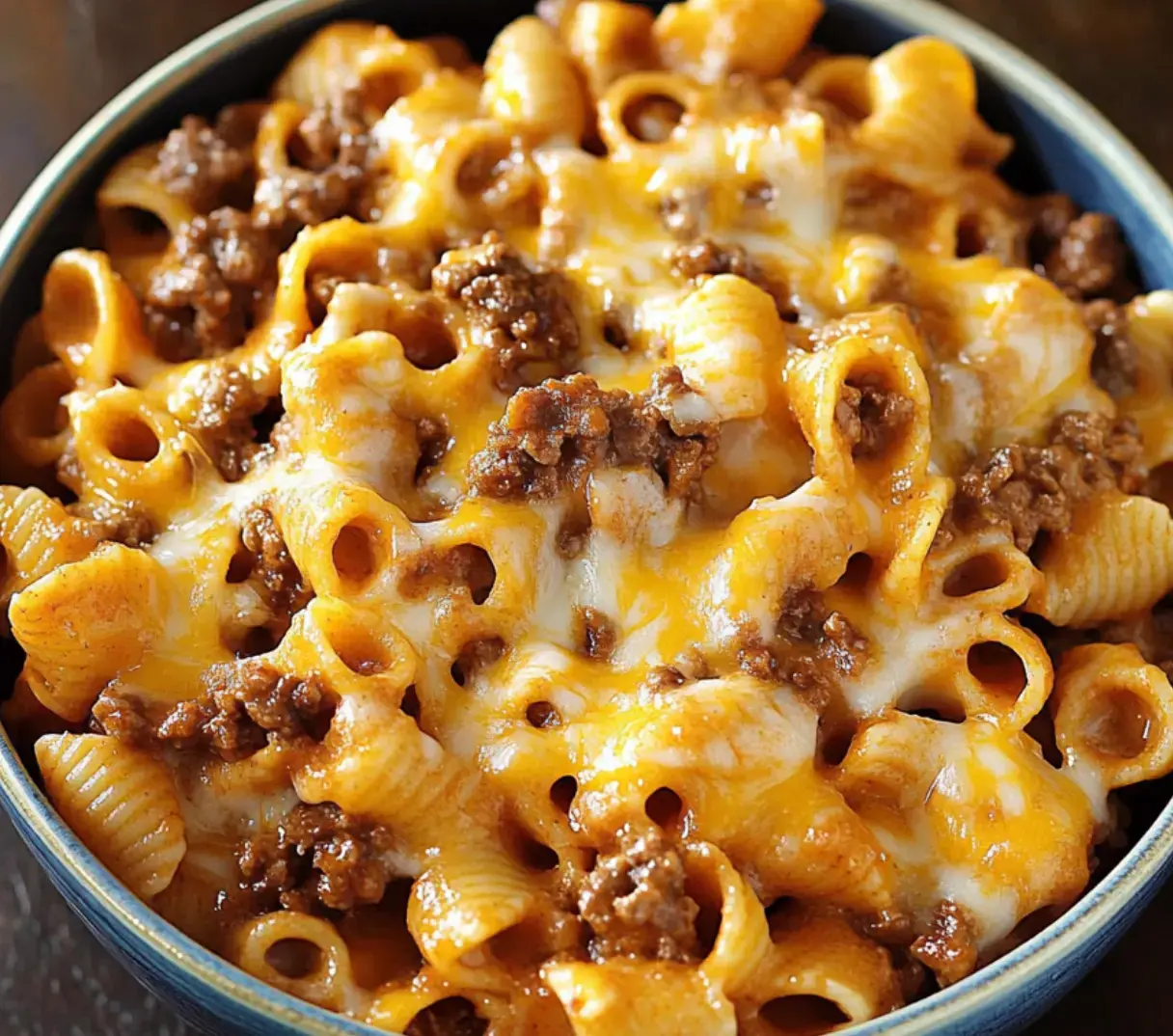 A close-up of a bowl holding pasta, ground beef, and gooey cheese.