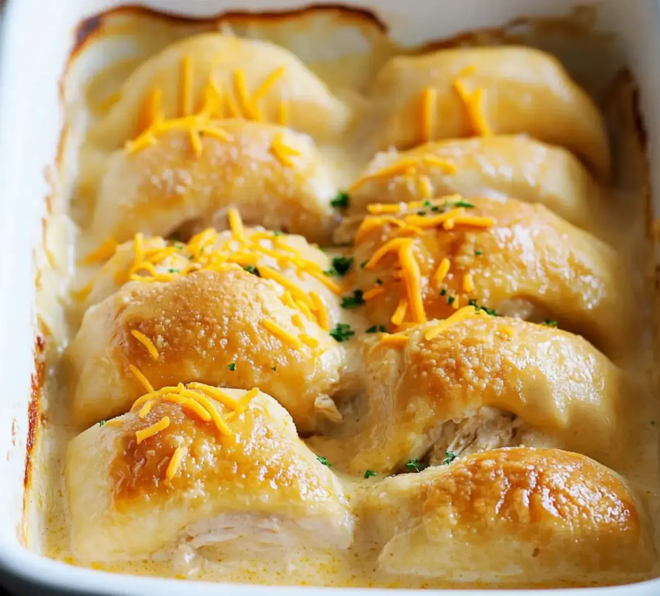Chicken-stuffed crescent rolls in a dish, baked golden, melty cheesy top, parsley scattered, swimming in creamy sauce.