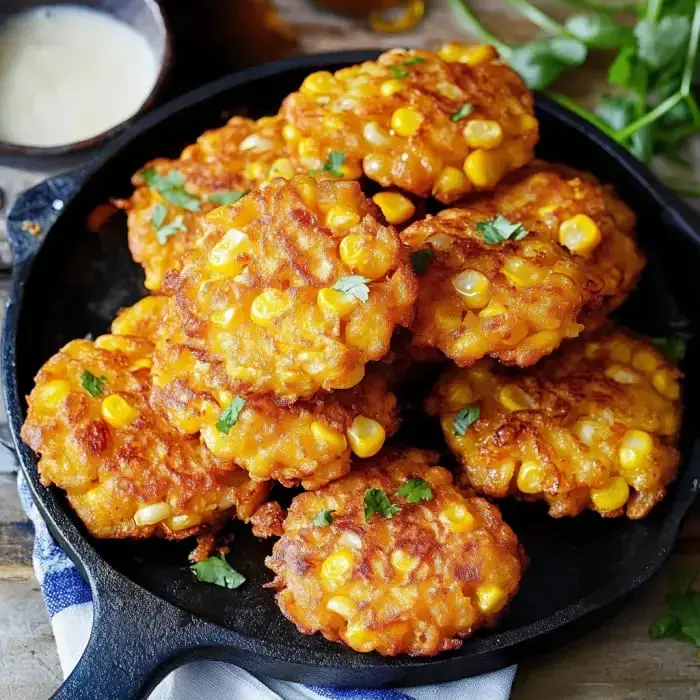 A black skillet shows off a pile of golden corn fritters with fresh cilantro on top.