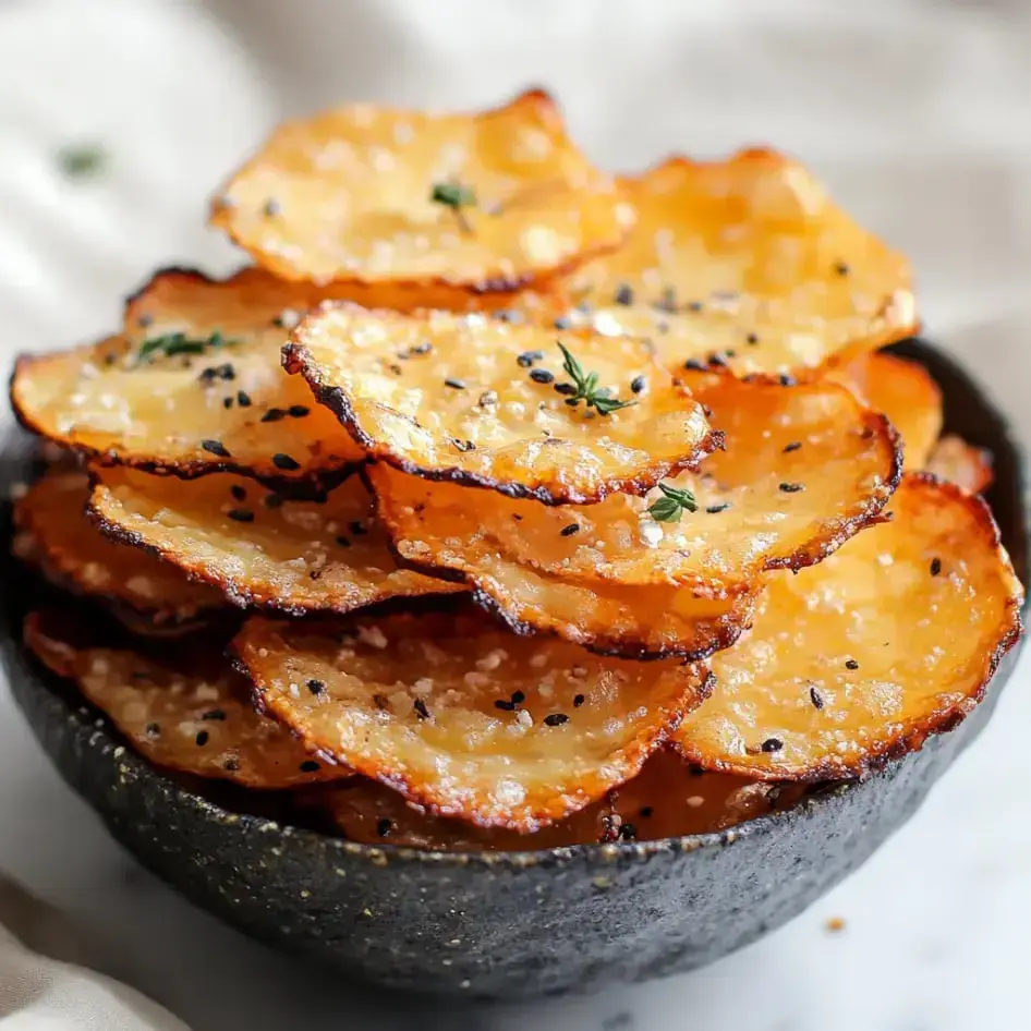 A super close look at a full bowl of crispy golden chips, scattered with black sesame seeds and fresh thyme.