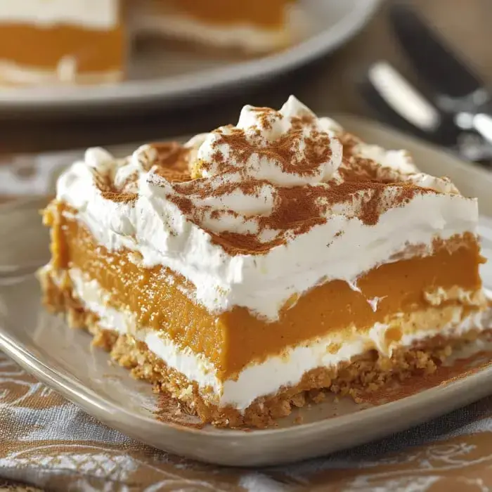 A plate holding a pumpkin dessert slice crowned with whipped cream and cinnamon, ready to eat.