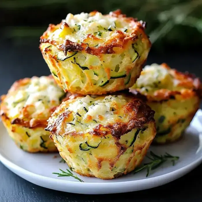 Three golden zucchini muffins with gooey cheese on a plate, fresh from the oven.