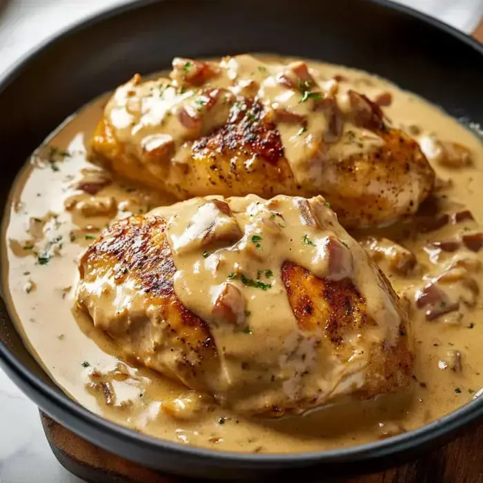 Creamy sauce over two chicken breasts with bits of bacon and herbs, all served in a black bowl.