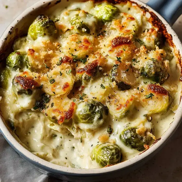 Brussels sprouts baked with a bubbly, cheesy crust and a crisp breadcrumb topping.