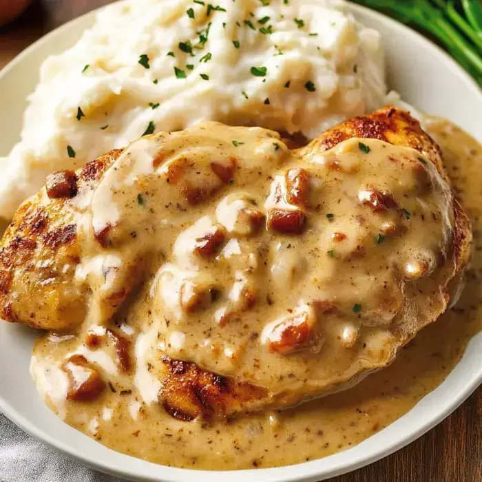 Plate with chicken covered in creamy gravy, mashed potatoes on the side, finished with some parsley.