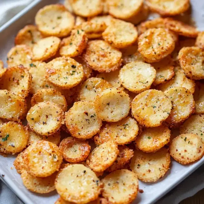 A plate stacked with golden, crispy potato slices dusted in seasoning, sitting on a rectangle platter.