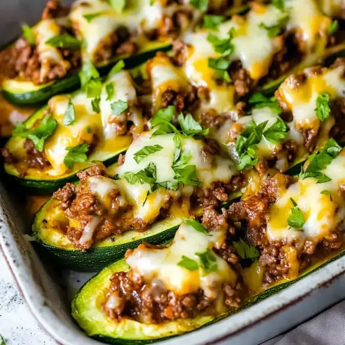 Zucchini boats stuffed with tasty ground beef, melty cheese, and a sprinkle of fresh cilantro on top.