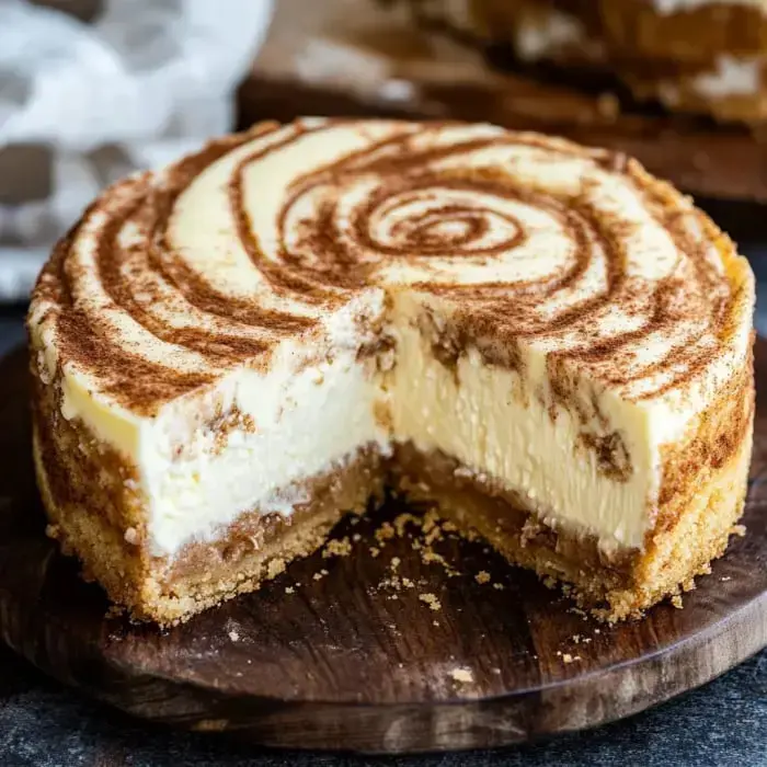 A silky cheesecake topped with a cocoa swirl, one slice out, and sitting on a wooden board.