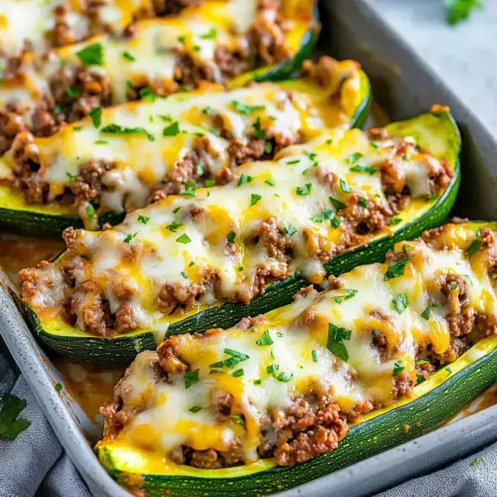 Zucchini boats out of the oven with juicy ground meat, bubbly cheese, and a pop of fresh parsley on top.
