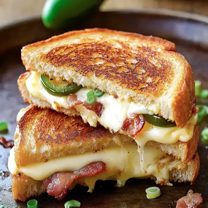 A melty grilled cheese sandwich with bacon and jalapeños, nestled between toasty golden-brown bread.
