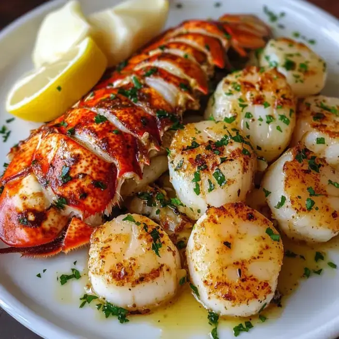 Juicy lobster tail next to golden-brown scallops, topped with fresh herbs and served with lemon slices on the side.