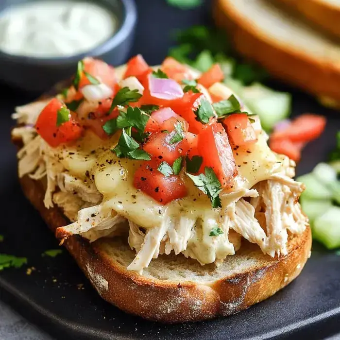Toasted bread slice with chicken, melty cheese, sliced tomatoes, and cilantro, plated by a bowl of dipping sauce.