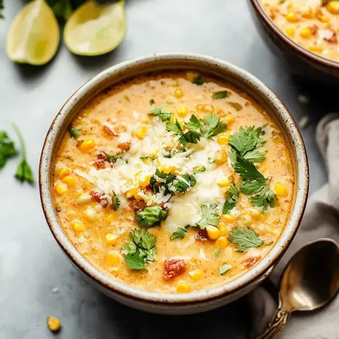 A bowl filled with creamy corn soup, loaded with cheese, cilantro, tomatoes, and lime sides.