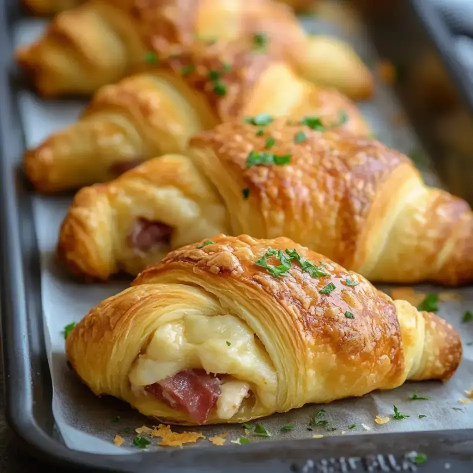A plate of golden crispy crescent rolls stuffed with cheese and ham, topped with fresh parsley.