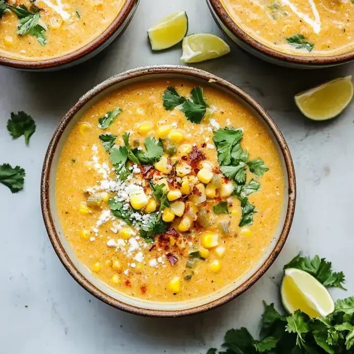 Creamy corn soup in a bowl, crowned with cilantro, extra sweet corn, cheese, and surrounded by lots of lime wedges.