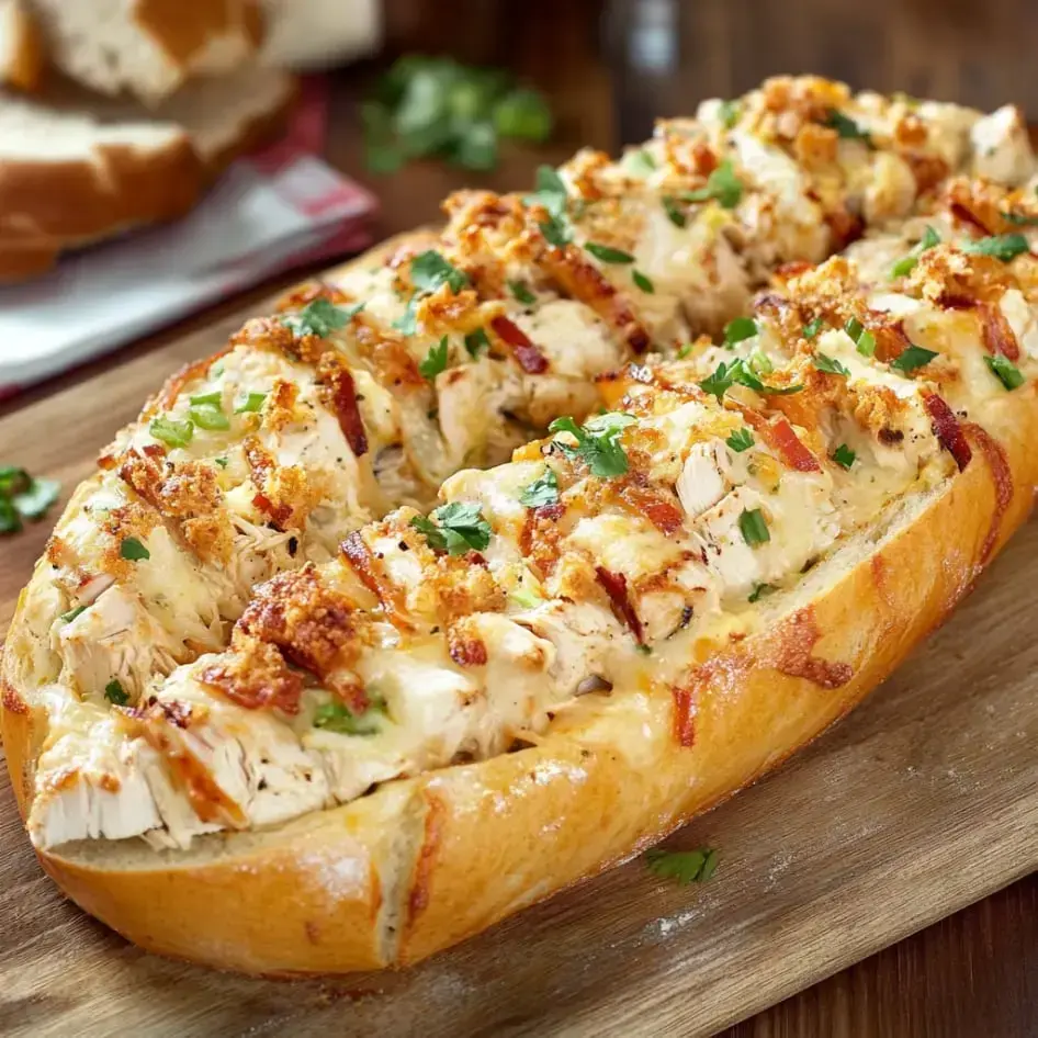 Bread loaded with gooey cheese, shredded chicken, bacon, plus fresh herbs all served on a wooden cutting board.