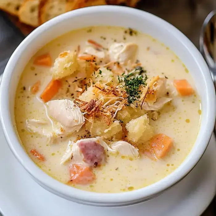 Creamy chicken soup loaded with chicken pieces, carrots, crunchy bits, and herbs in a white bowl.