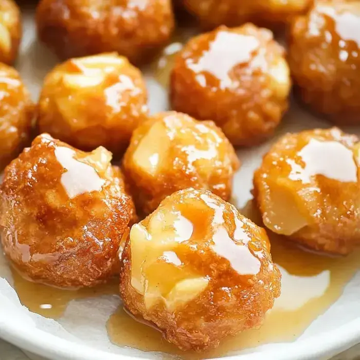 Up-close view of glazed apple treats piled on a plate.