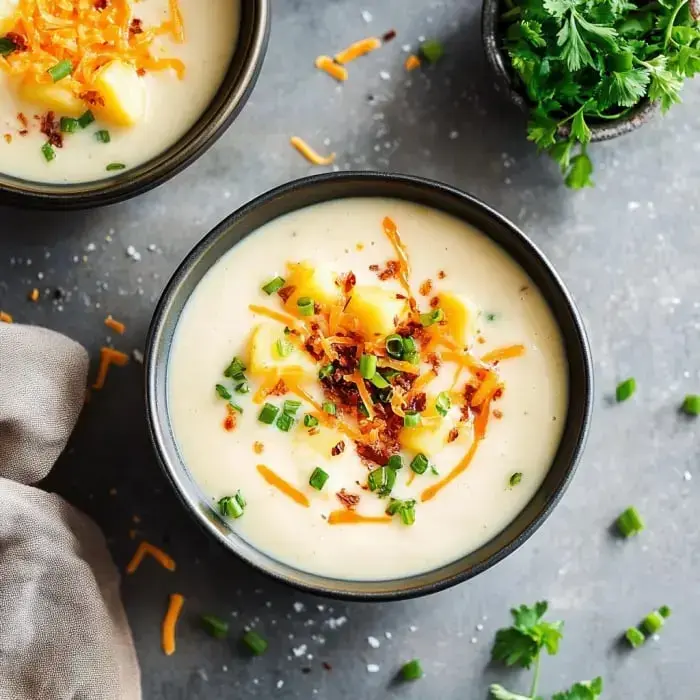 Close-up shot of thick soup finished with cheese, crispy bacon pieces, and a sprinkle of green onion in a black bowl.