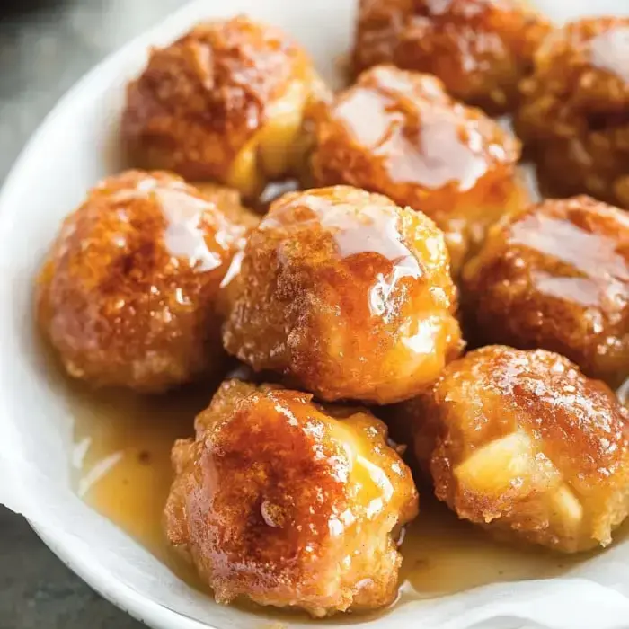A plate filled with crispy golden snacks finished with drips of syrup.