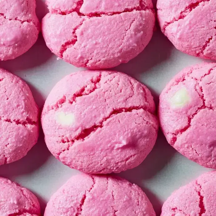 Close shot of blush-pink cookies with cracks and creamy white chips laid out neatly.
