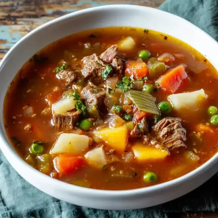 A hearty bowl filled with beef, potatoes, green beans, peas, and carrots all mingling in broth.