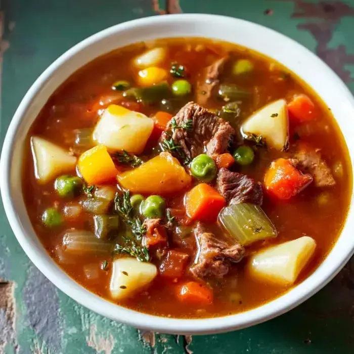 Full bowl of beef and happy veggies—potatoes, carrots, peas—swimming in savory broth.
