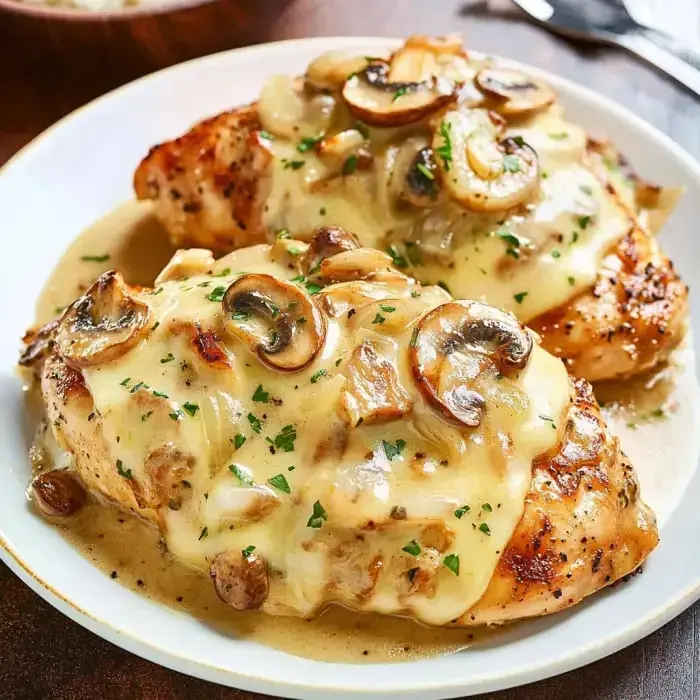Two juicy chicken breasts loaded with gooey cheese, mushrooms, and chopped parsley, served on a white plate.