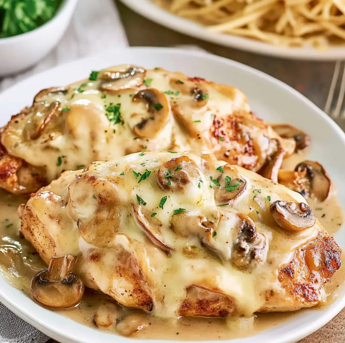 You get two cheesy, mushroom-loaded chicken breasts, garnished with parsley, next to spaghetti plus fresh greens.