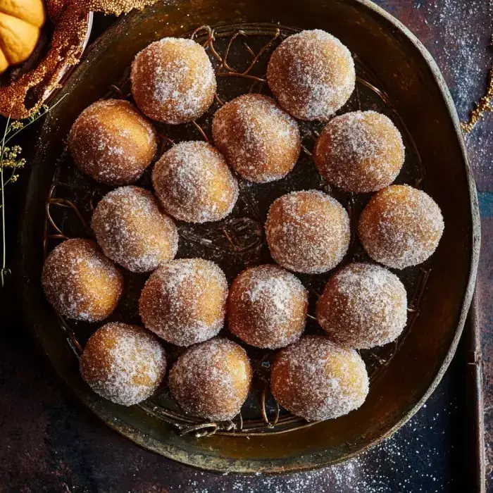 A golden platter stacked with sugary round donut holes, looking fresh and inviting.