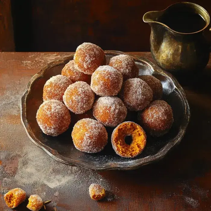 A metal dish full of cinnamon-sugar donut holes with one that's been bitten, sitting next to a tiny pitcher.